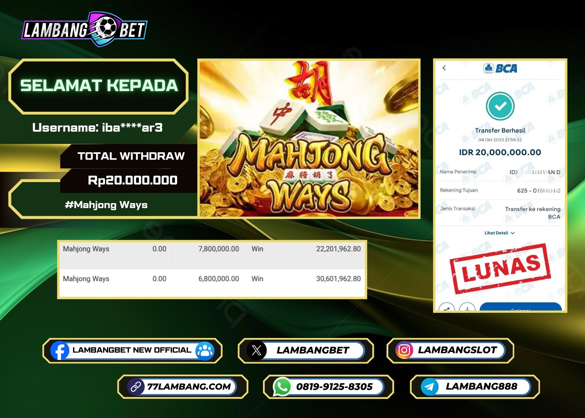 LAMBANGBET [4 OKTOBER 2025] JACKPOT SLOT Mahjong Ways "Rp20.000.000" LUNAS